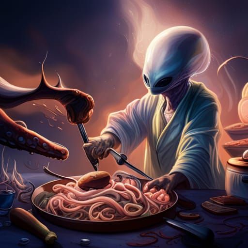 Alien Fast Food Kitchen: Hyperrealistic Concept Art