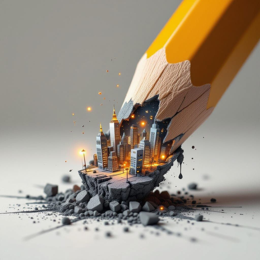 Bustling City Emerges From Melting Graphite Pencil