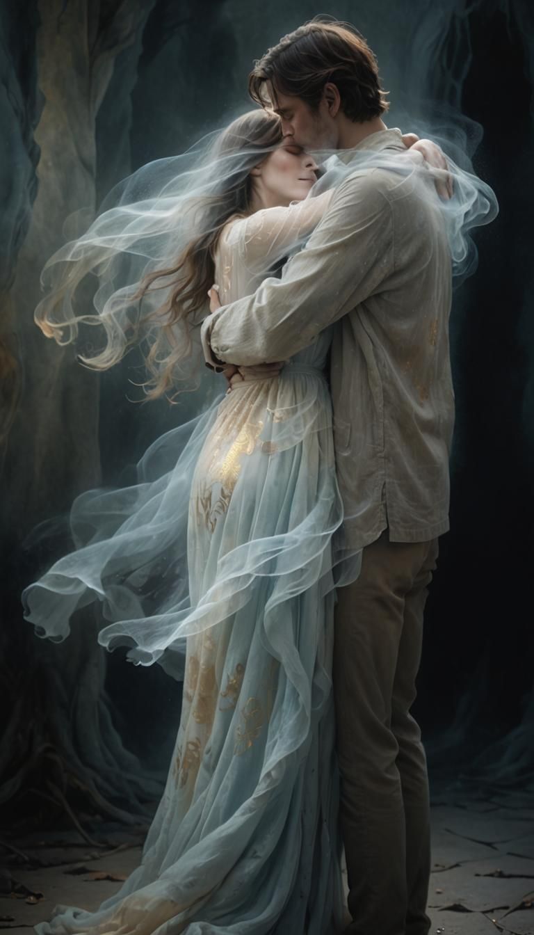 Heartbroken Ghostly Embrace in Ethereal Light