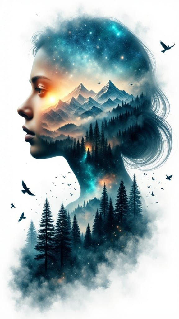 Woman Silhouette Merging With Birds and Landscape