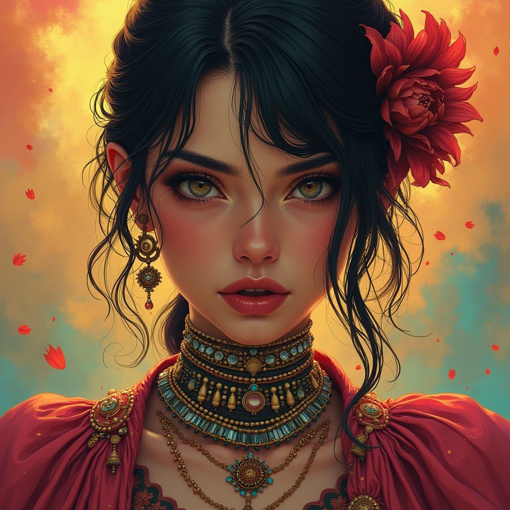 Beautiful Woman with Intricate Jewelry in Hyperrealistic Sty...