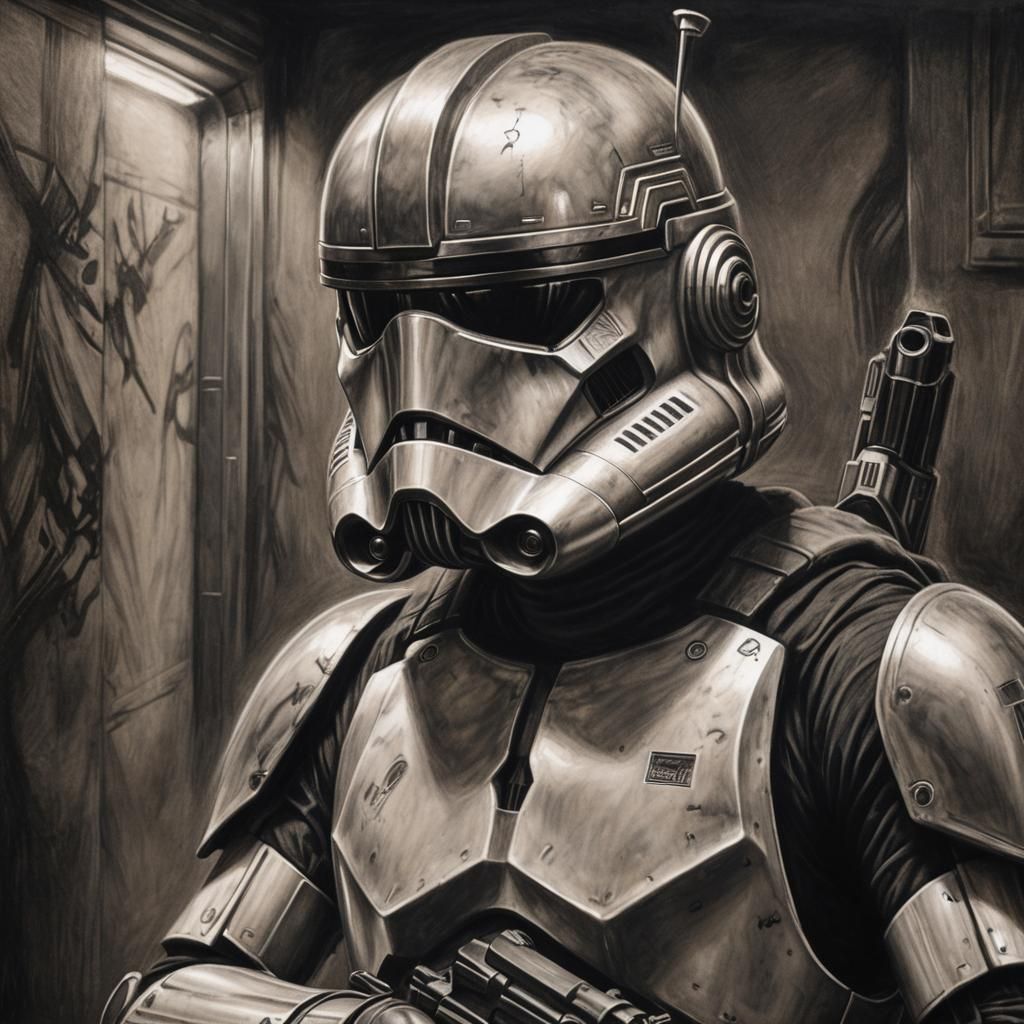 Charcoal Portrait of a Gritty Clone Trooper