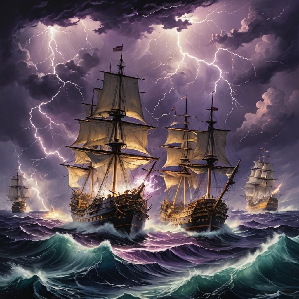 painting of a naval battle. A storm has begun at sea, yet the naval battle continues. Lightning illuminates the water an...