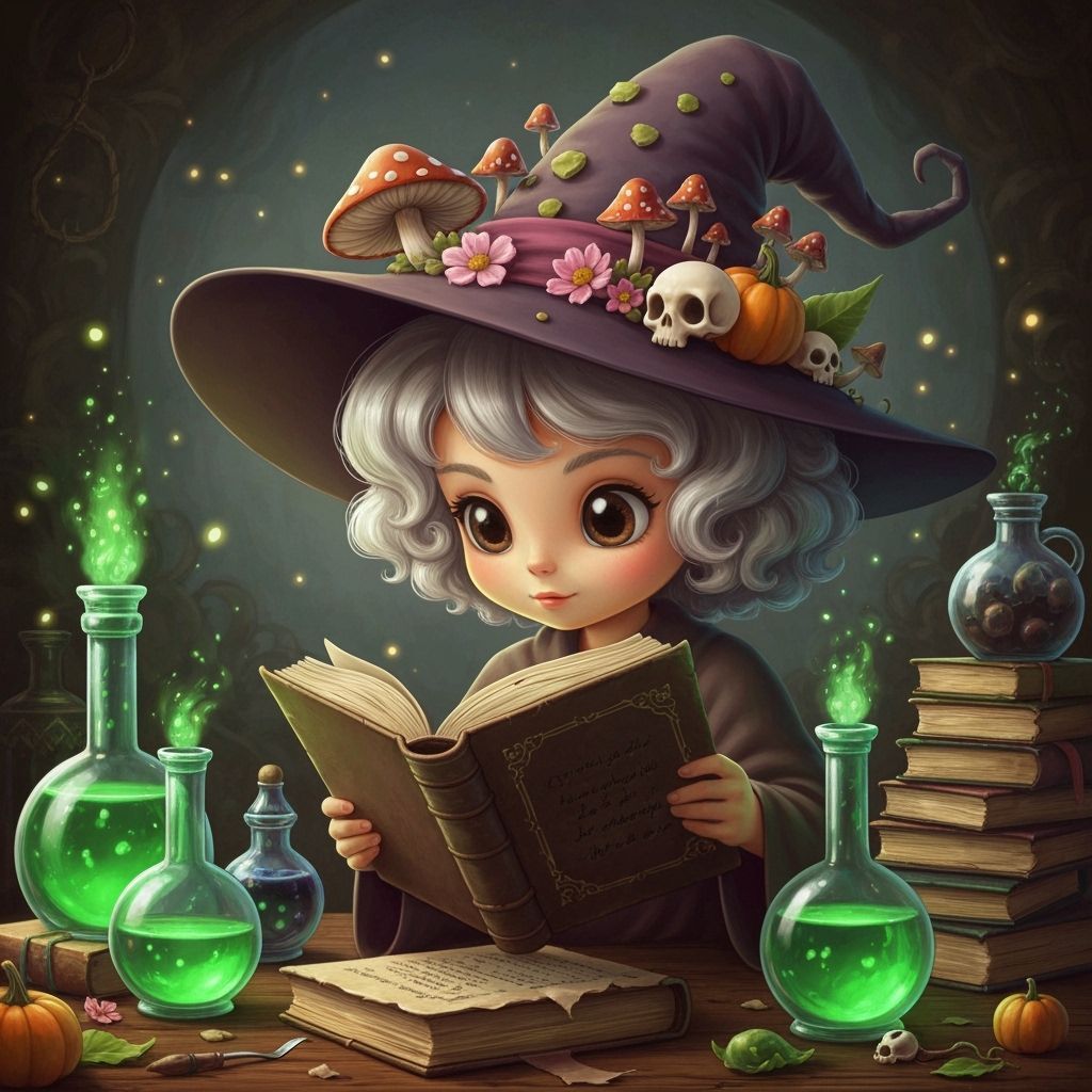 Adorable Young Witch Reading Spellbook in Mystical Study