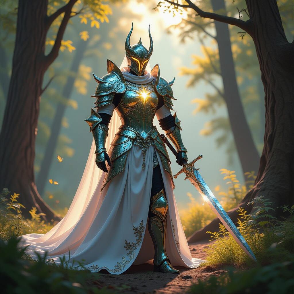 Knight in Ornate Crystalline Armor in Mystical Forest