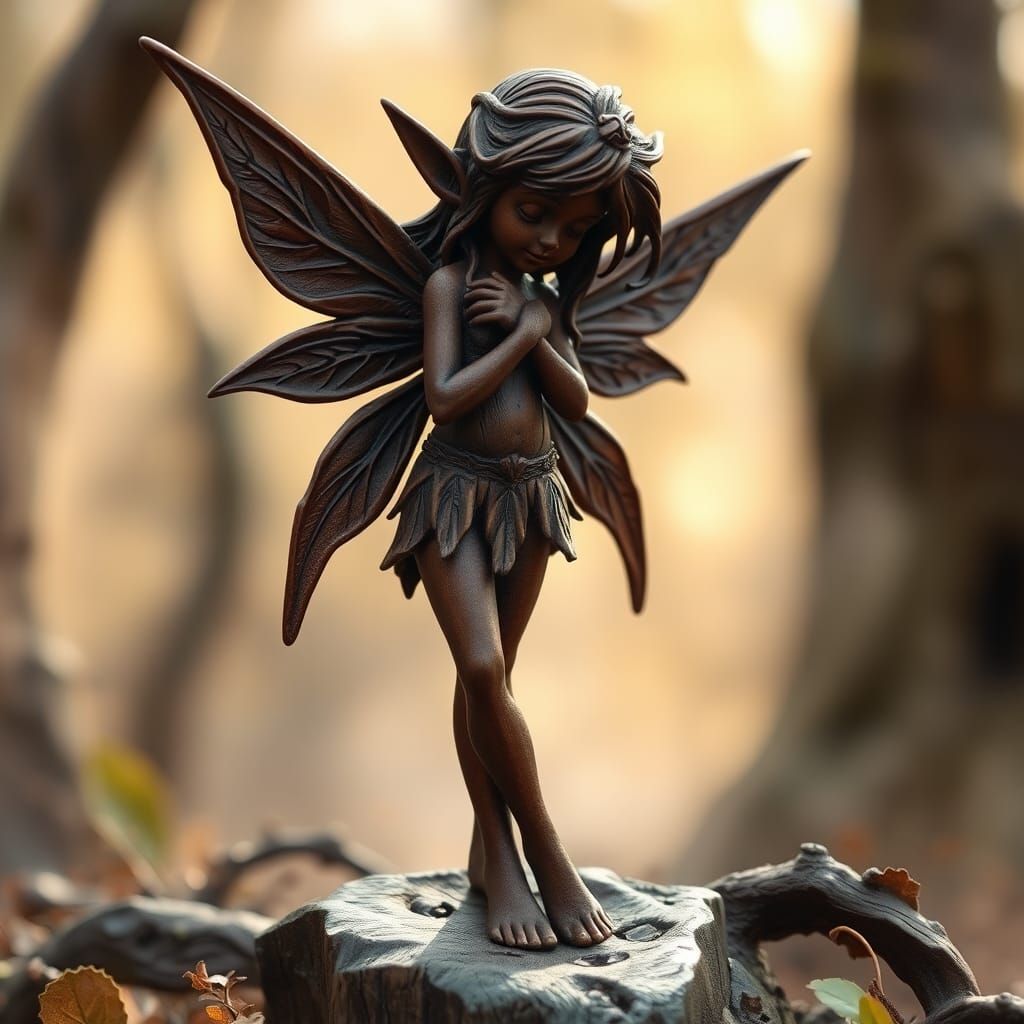 Mahogany Fairy Elf Statue in Art Nouveau Style