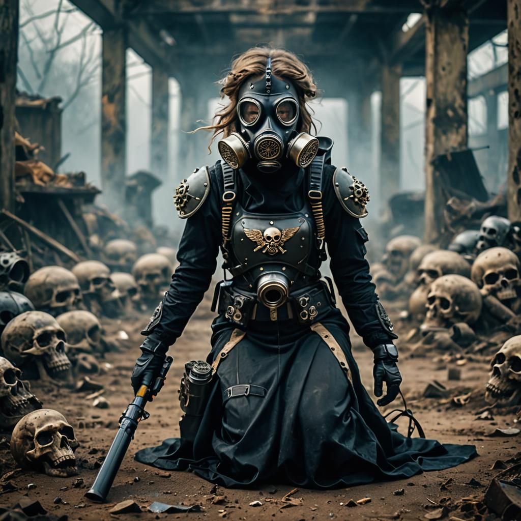 a Wasteland female kneeling, an angel with a gas mask