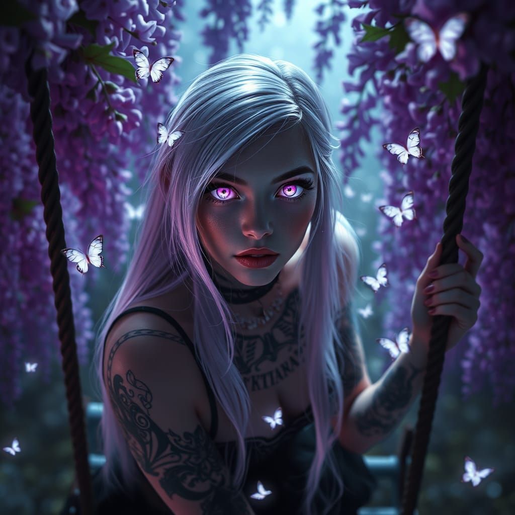 Goth Girl on Swing with Luminous Tattoos in Cyberpunk Art