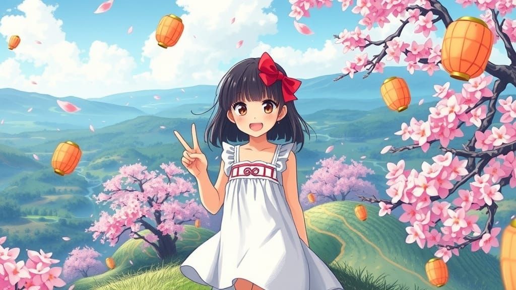 Anime Girl Celebrates Spring in Japanese Landscape