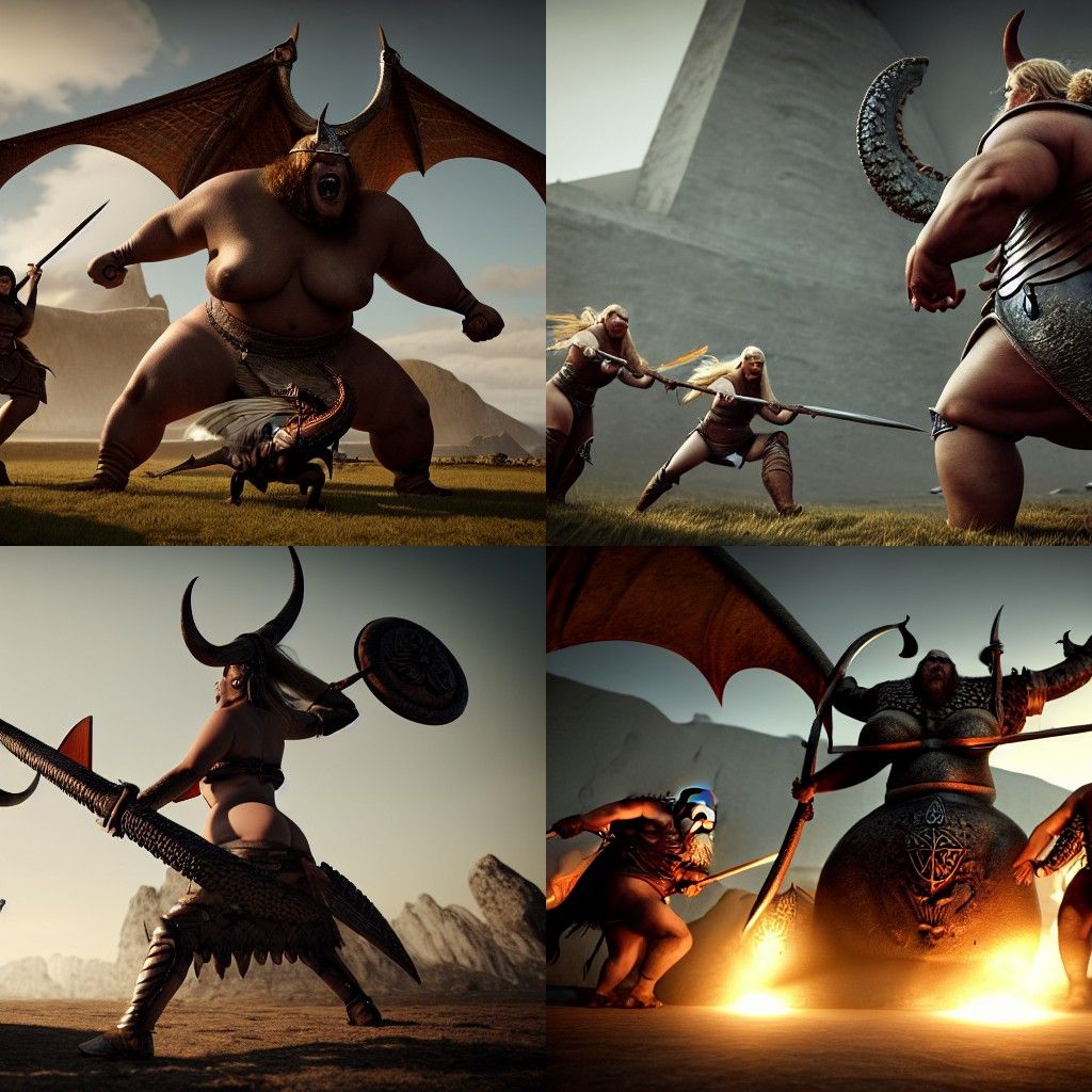 Viking Shield Maidens Battle Ogre in Gothic Art Style