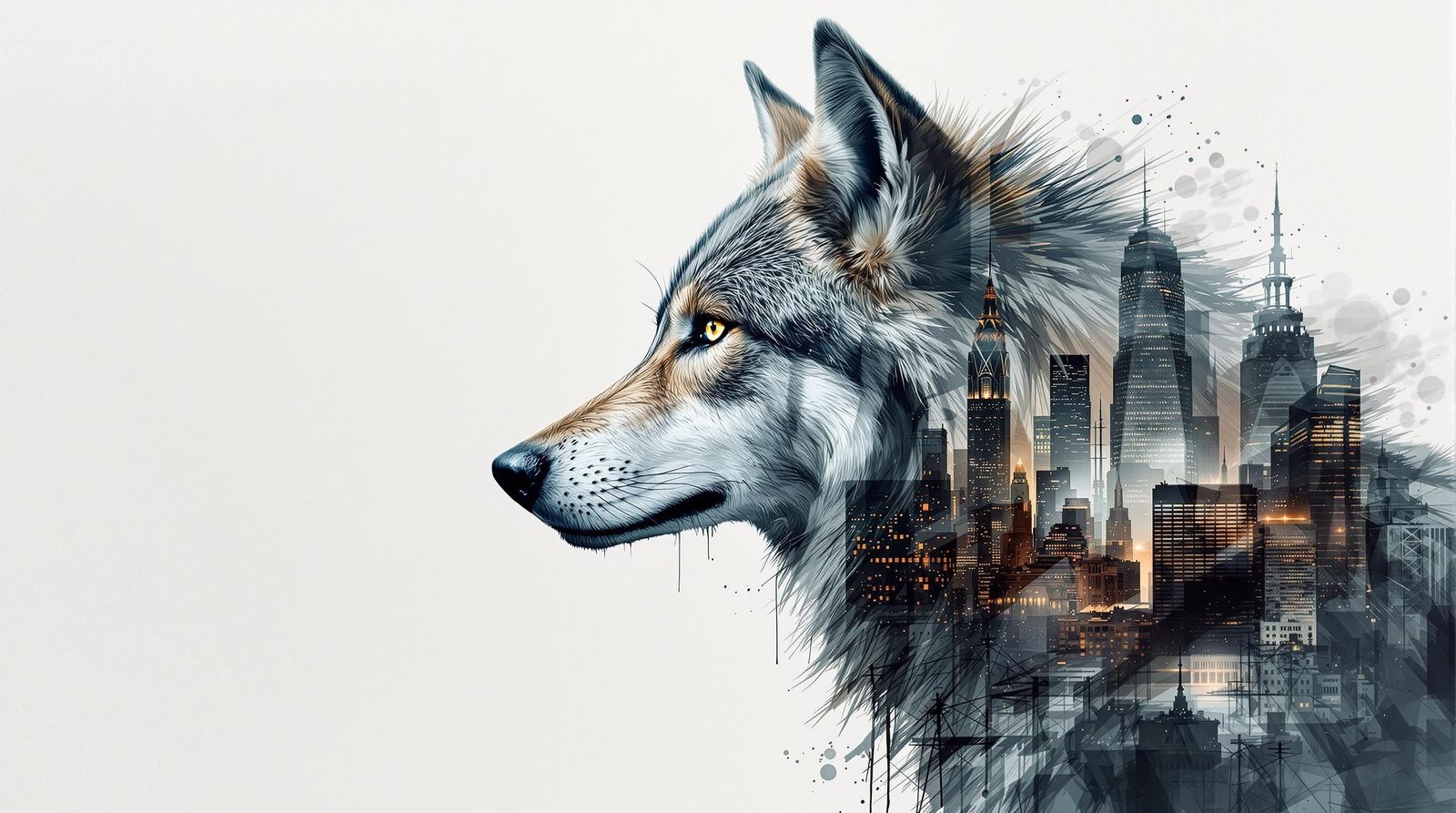 Wolf Head Double Exposure in Dystopian Cityscape