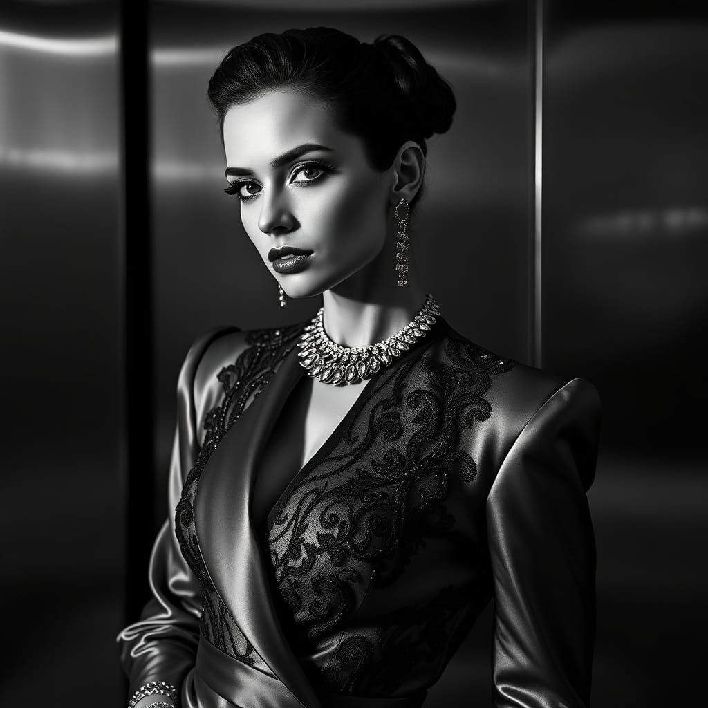 Glamorous Model in High-Contrast Black and White Couture