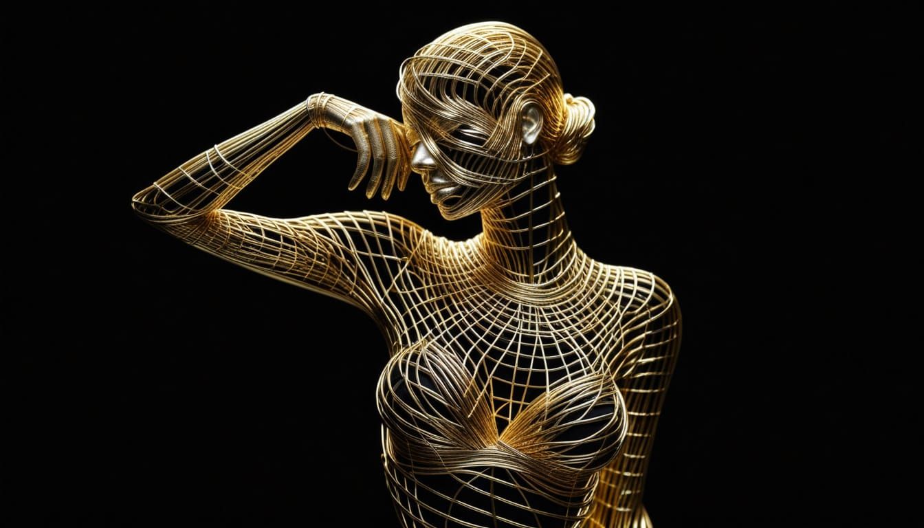 Golden Wire Woman on Black Background