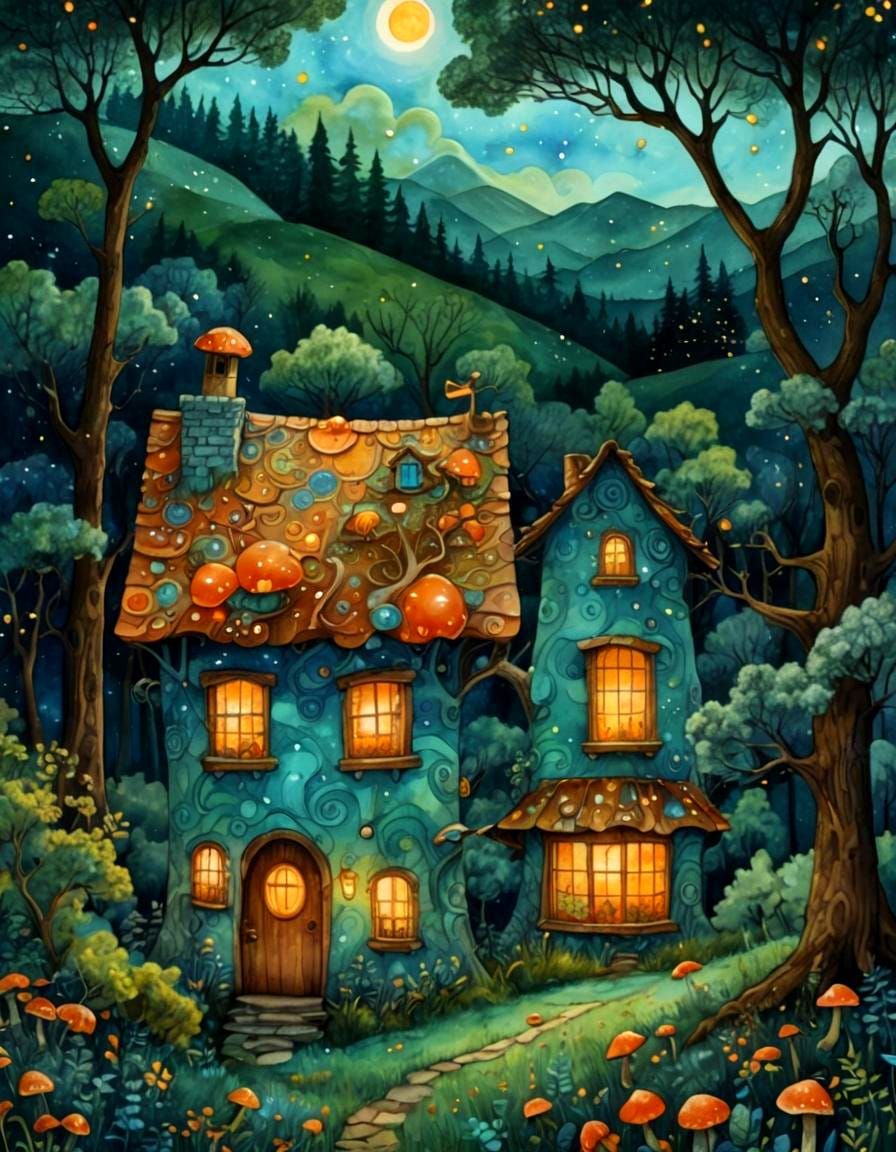 Vibrant Rural Night Scene with Abstract Watercolor Elements