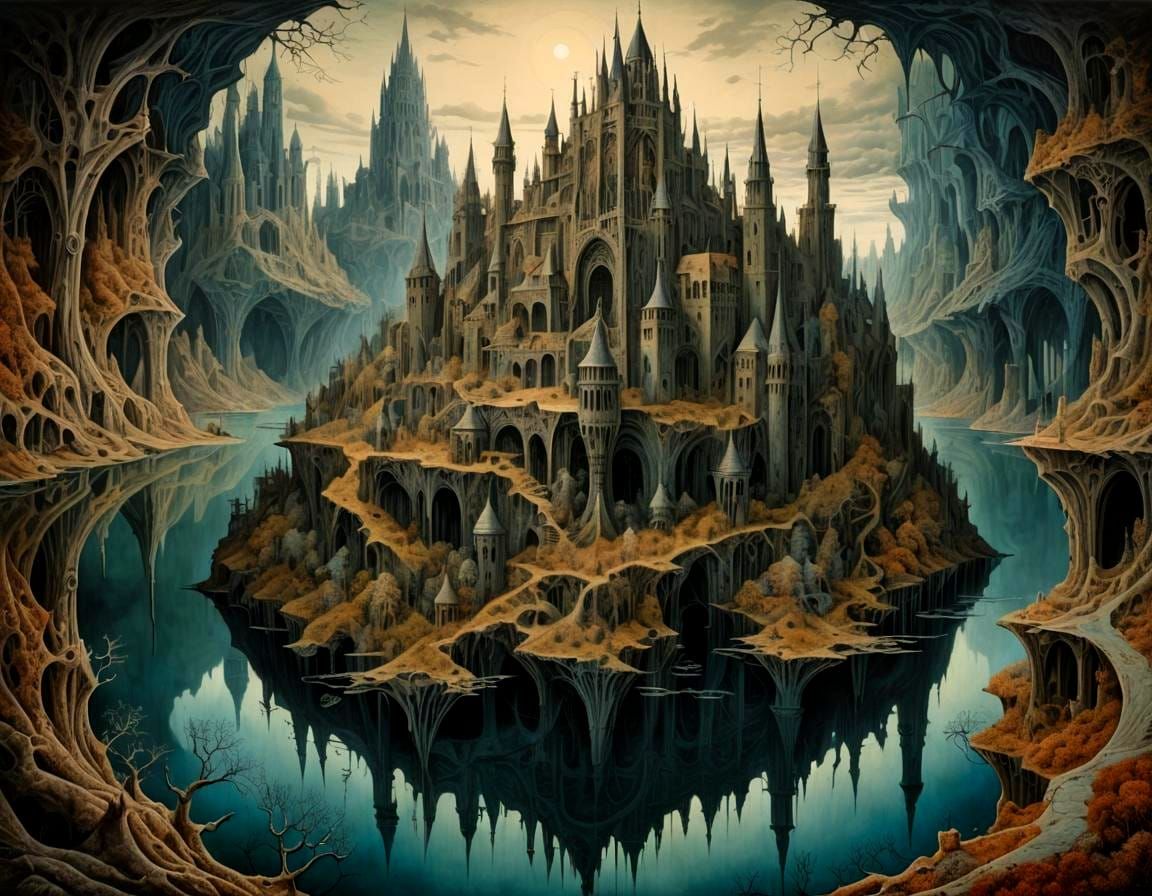 Surreal Gothic Castle Rises from Dark Waters in a Colourful,...