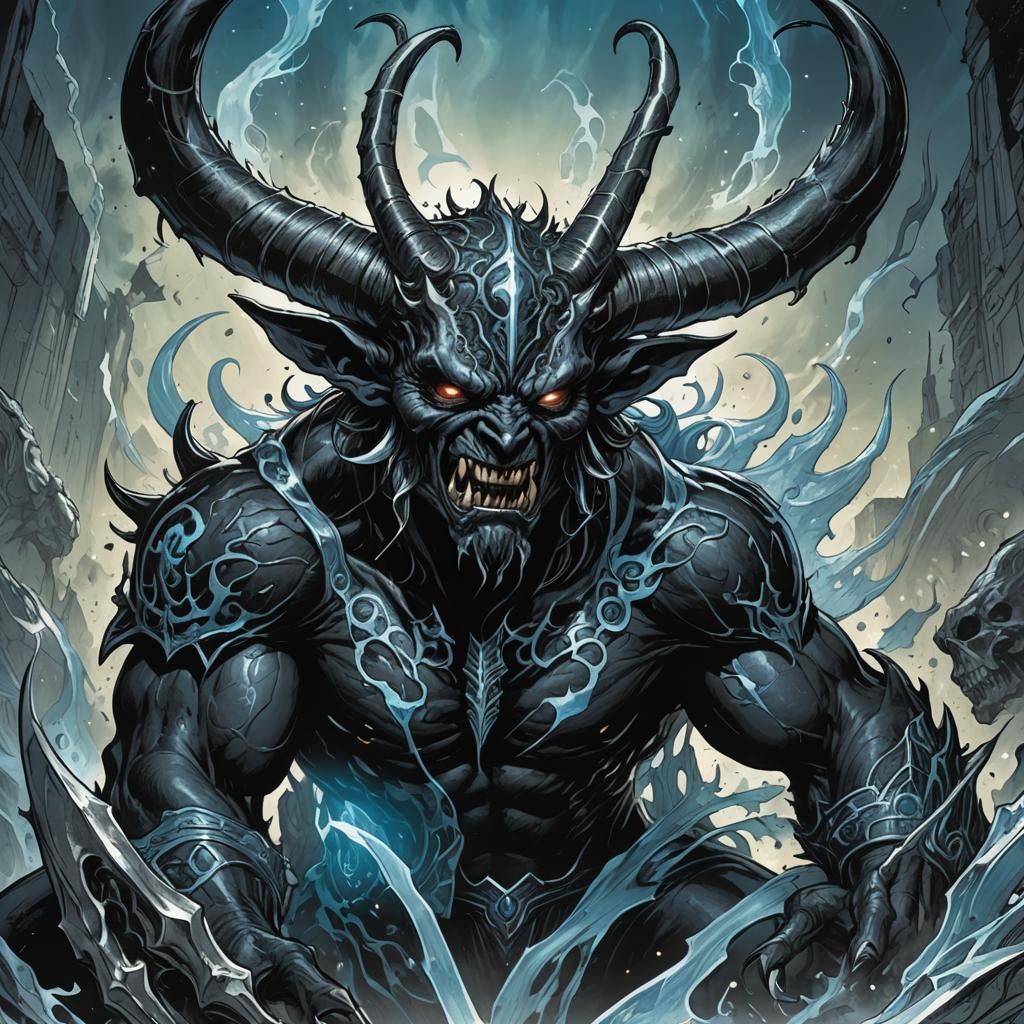 Comic Book Black Demon with Silver and Blue Horns