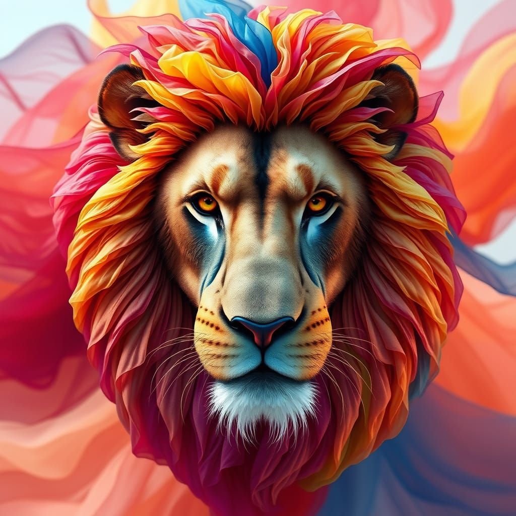 Majestic Lion Crafted from Vibrant Chiffon Fabric in a Splas...