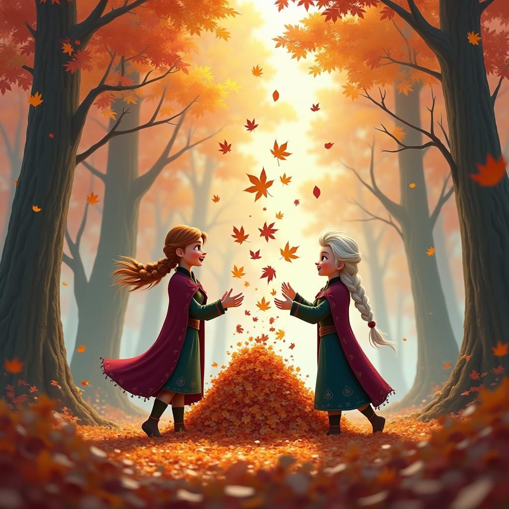 Anna and Elsa Create Leaf Pile in Autumn Forest