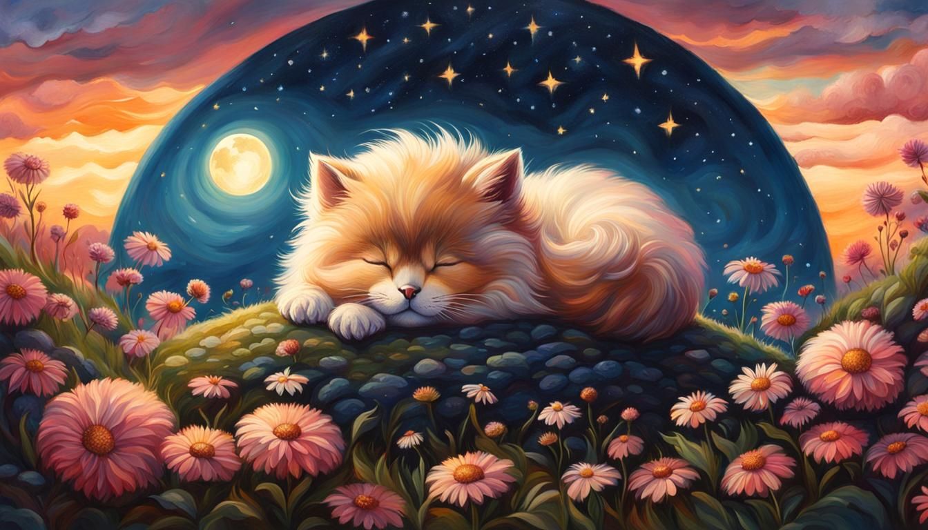 Fluffy Cat Sleeps on Flower Hill Painting