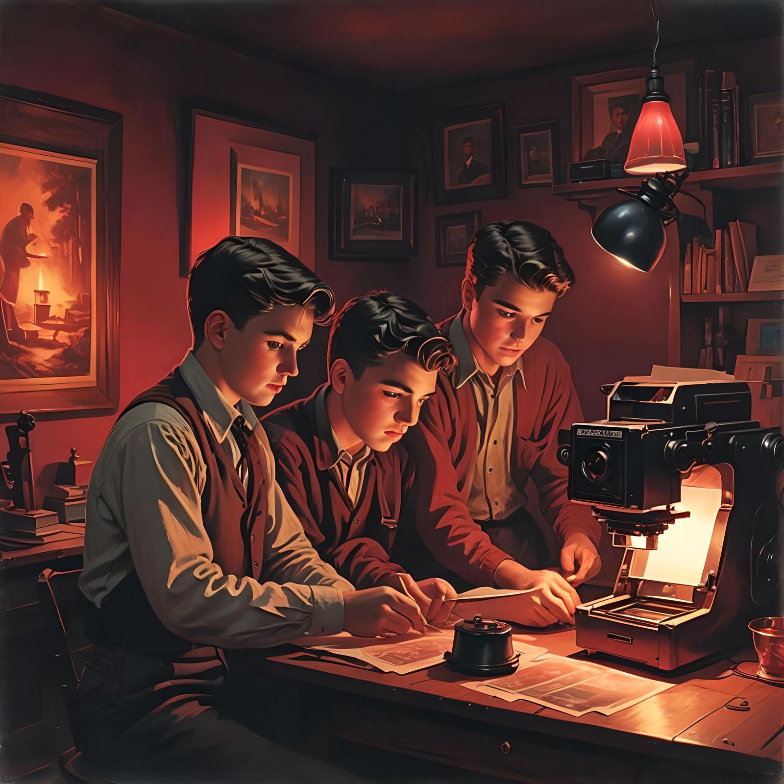 Retro Photo Darkroom Scene with Boys
