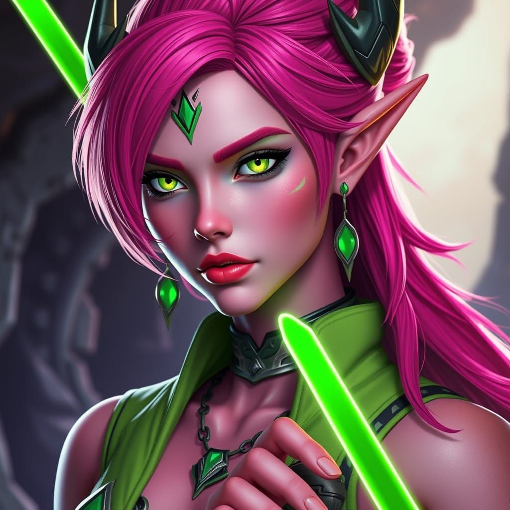 Zeltron Jedi Woman with Lime Green Hair and Pink Skin