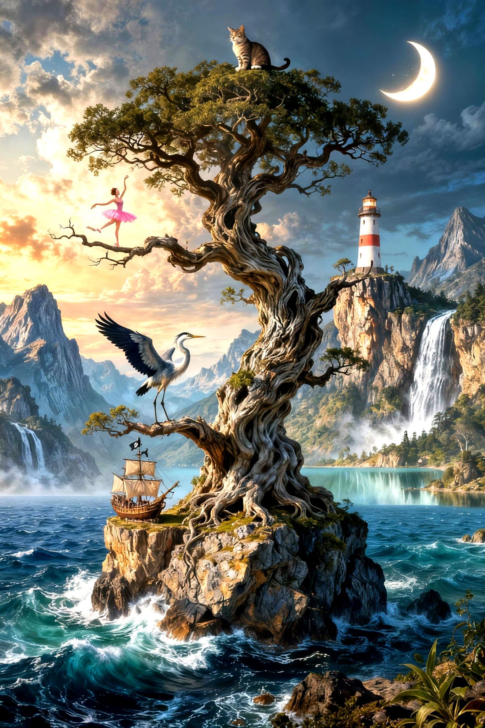 Surreal Tree of Wonders with Cat and Whimsical Items