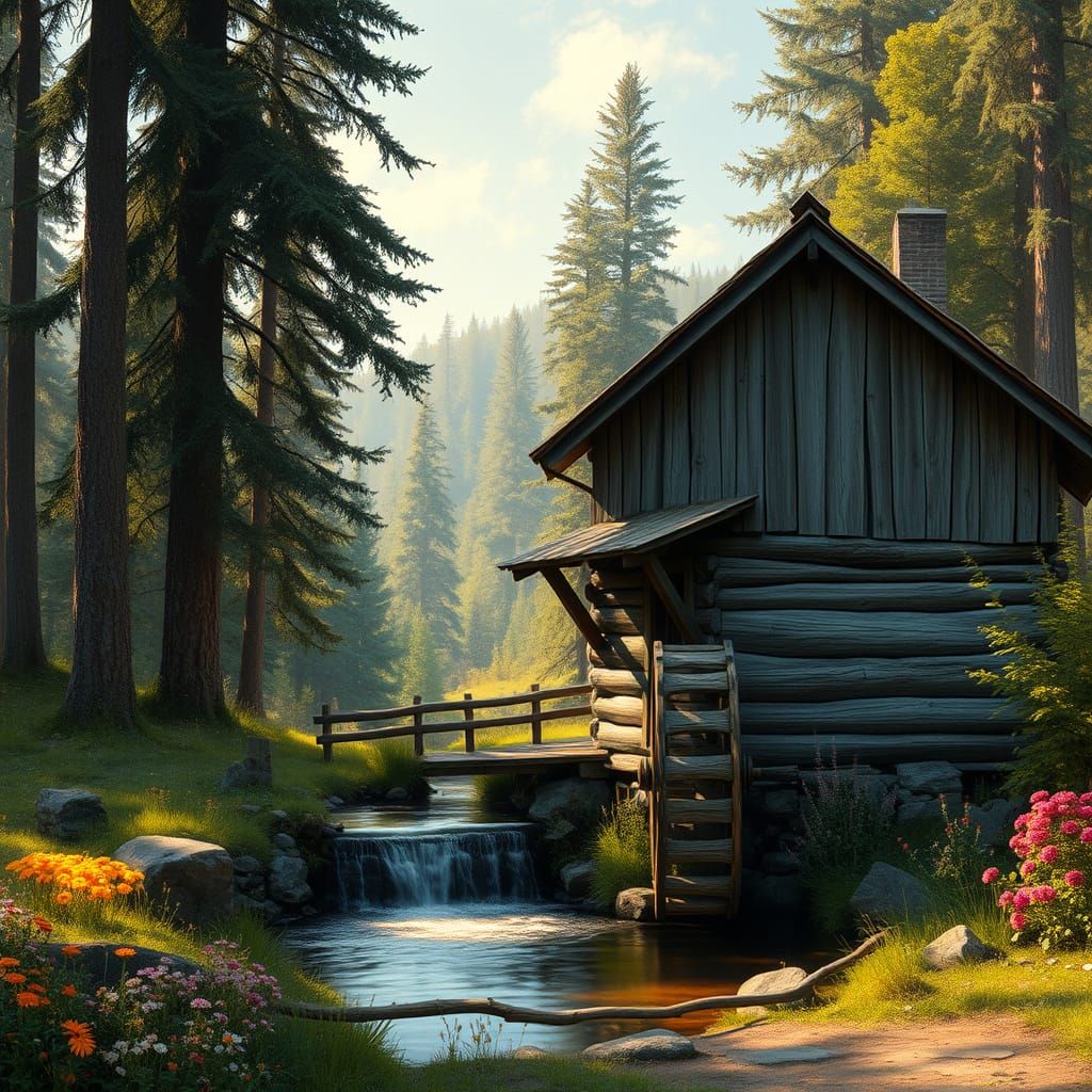 Rustic Waterwheel in Golden Light of a Countryside Scene