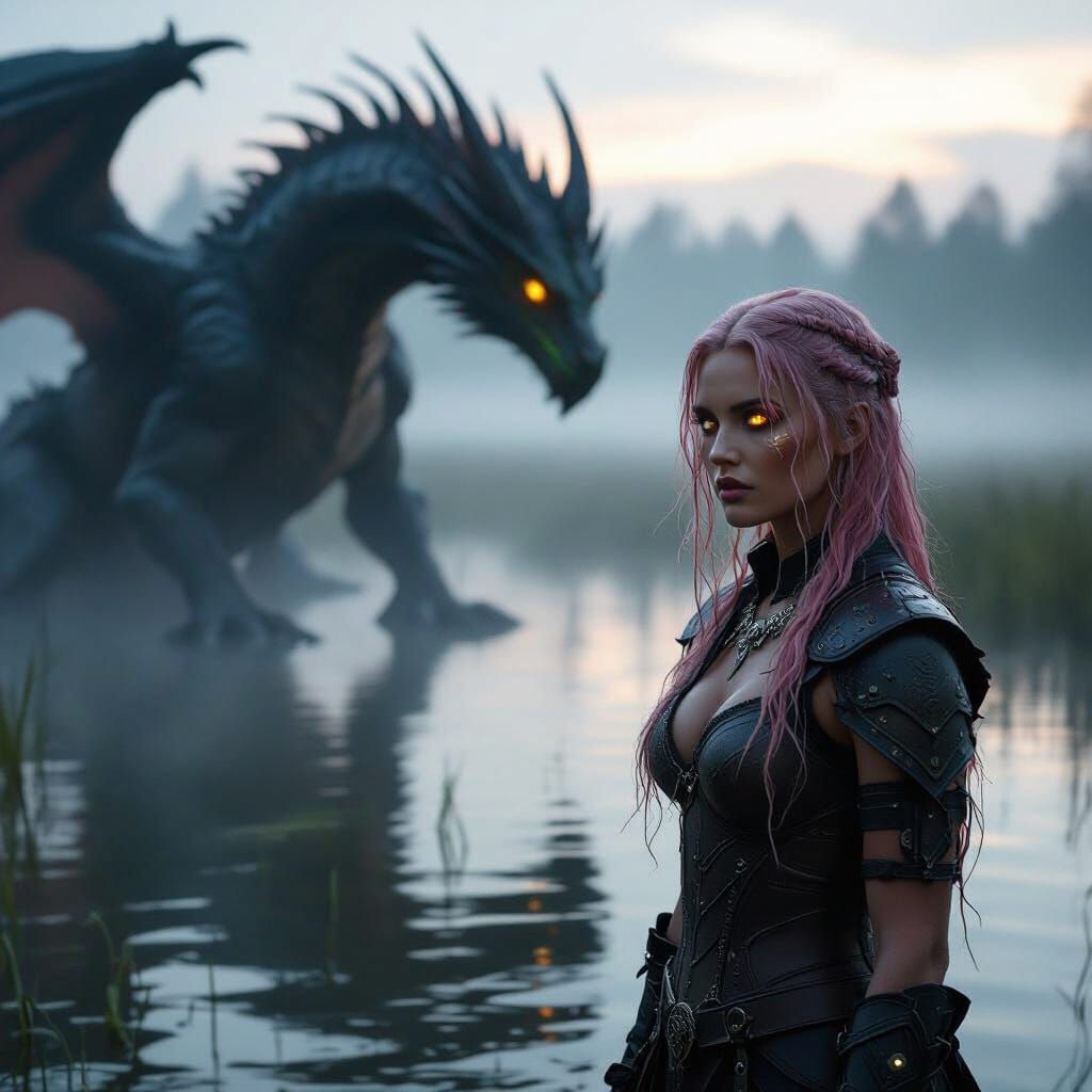 Mystic Woman Summons Wyvern in Foggy Wetland