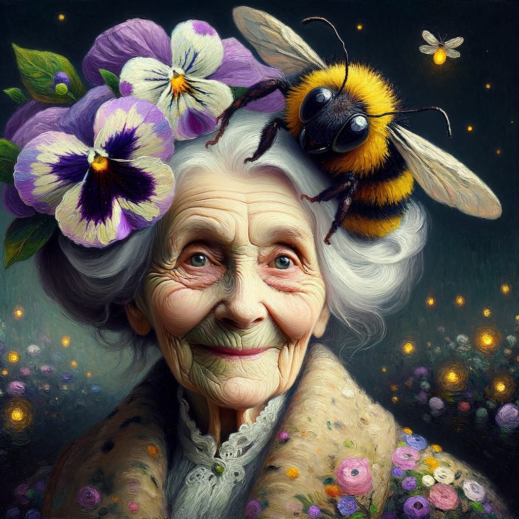 Elderly Woman with Bumblebee Wig, Gentle Smile, and Wrinkled...