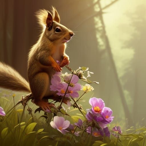 Smiling Squirrel with Flower Hat in Detailed Digital Art