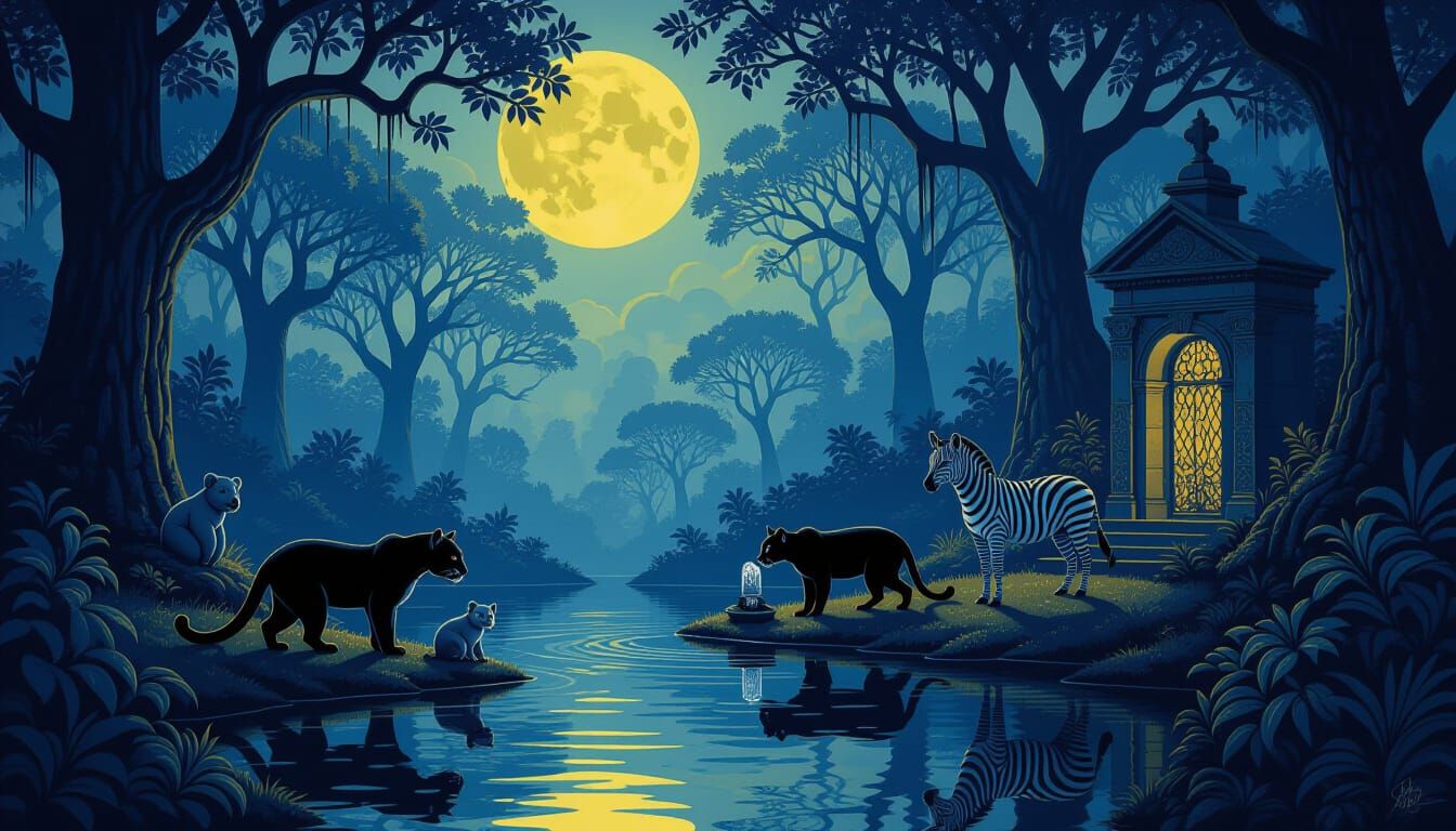 Surreal Night Cemetery with Glowing Animals