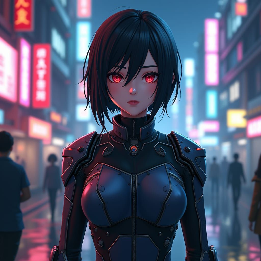 Cyborg Policewoman in Neon Cityscape: 3D Anime Art