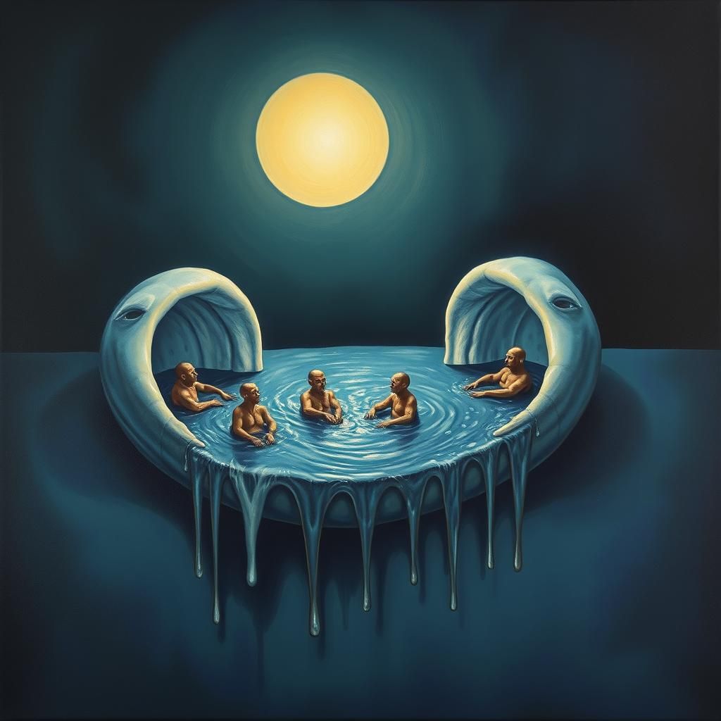 Surreal Oxen Charge Bathers in Moonlit Water