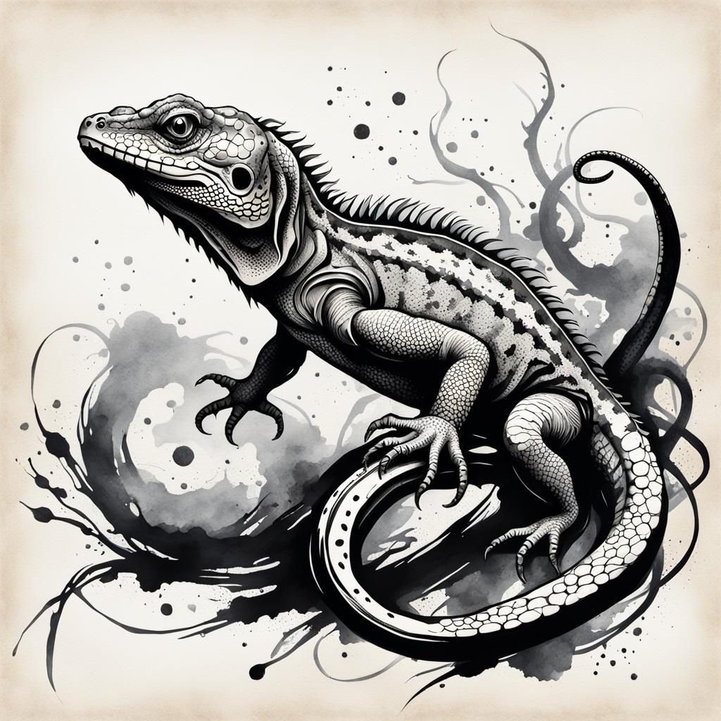 Lizard in Tentacle Ink Painting Art Style