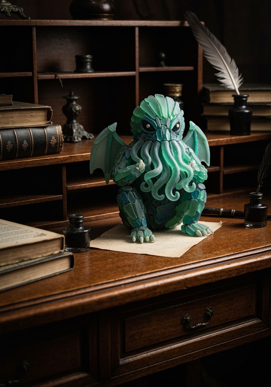 Cthulhu Figurine Made of Sea Glass on Antique Desk