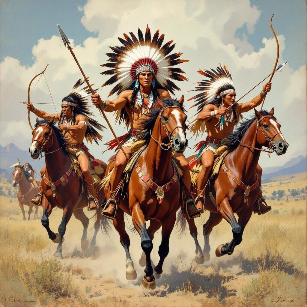 Native Americans on Horseback in Dynamic Action Scene