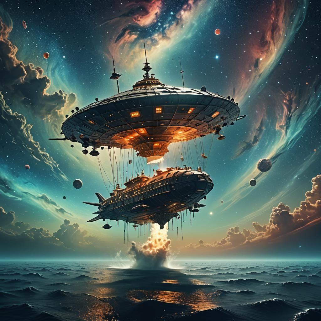 Ghostly Flying Dutchman Drifting in Starry Space