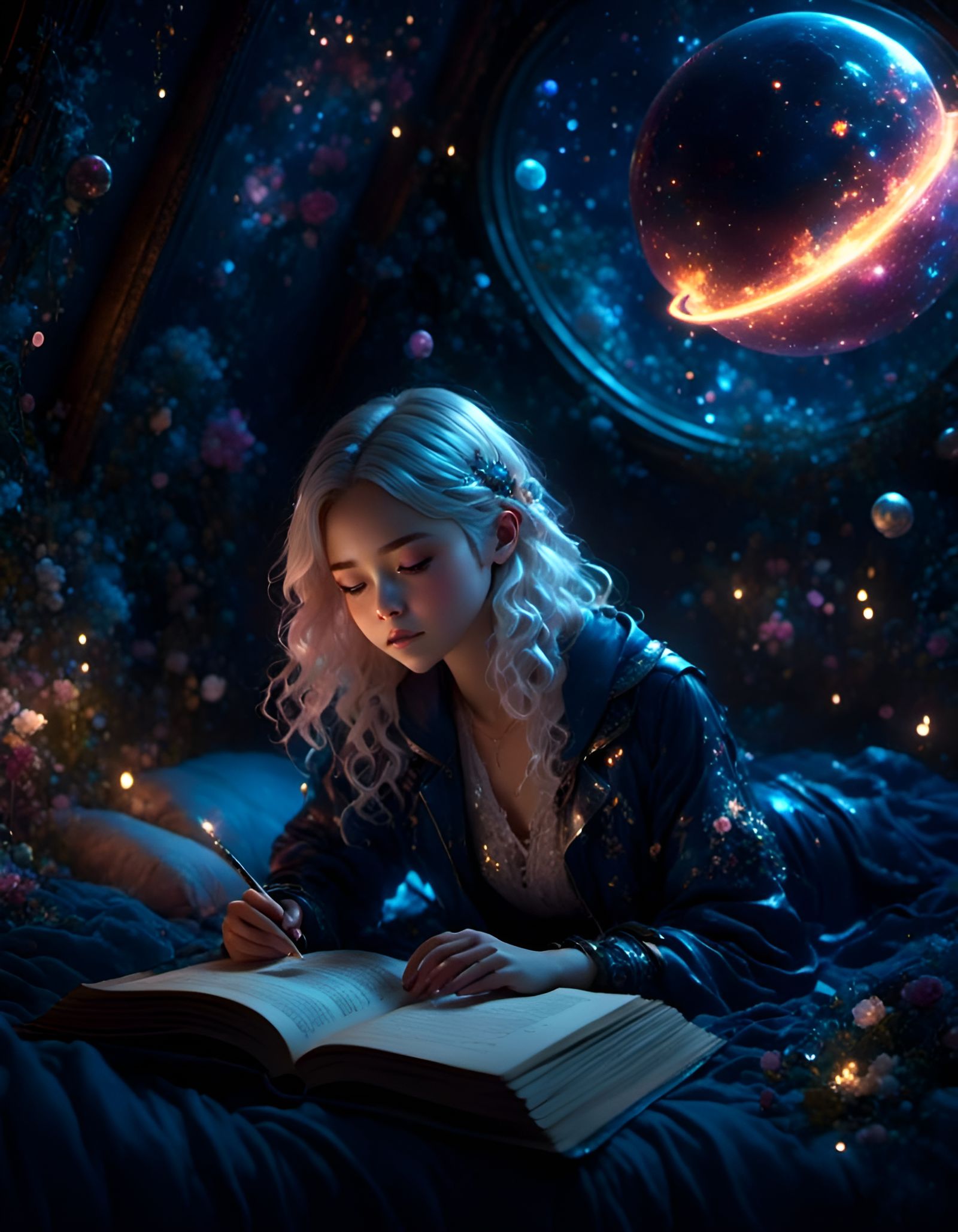Girl Reads Physics Among Stars, Pixar-Style