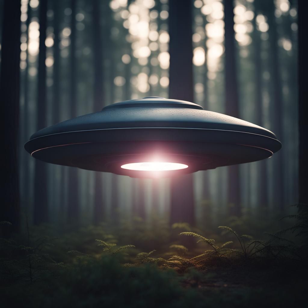 UFO Hovering in Dark Forest: Hyperrealistic Photo
