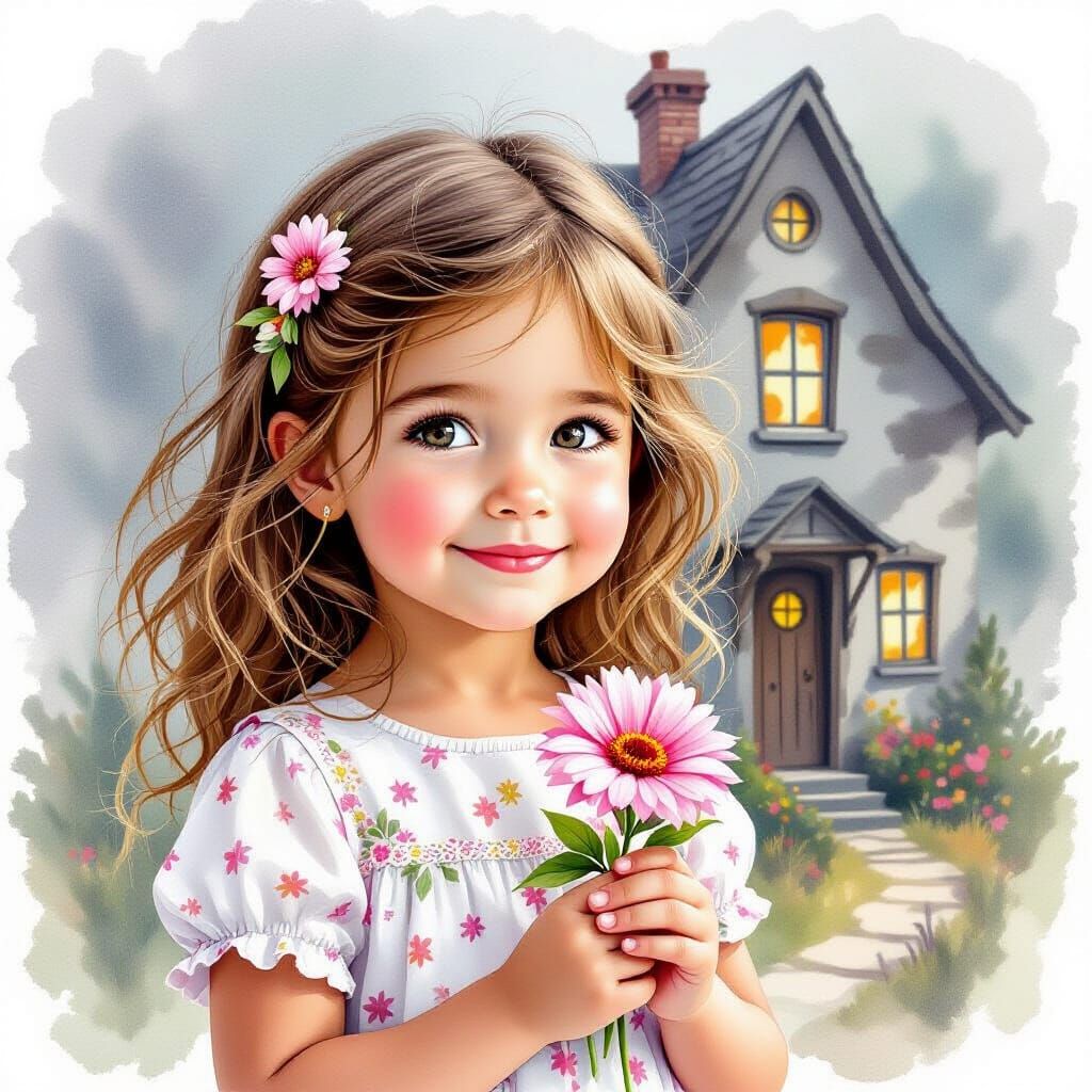 Girl with Flower in Watercolor Style