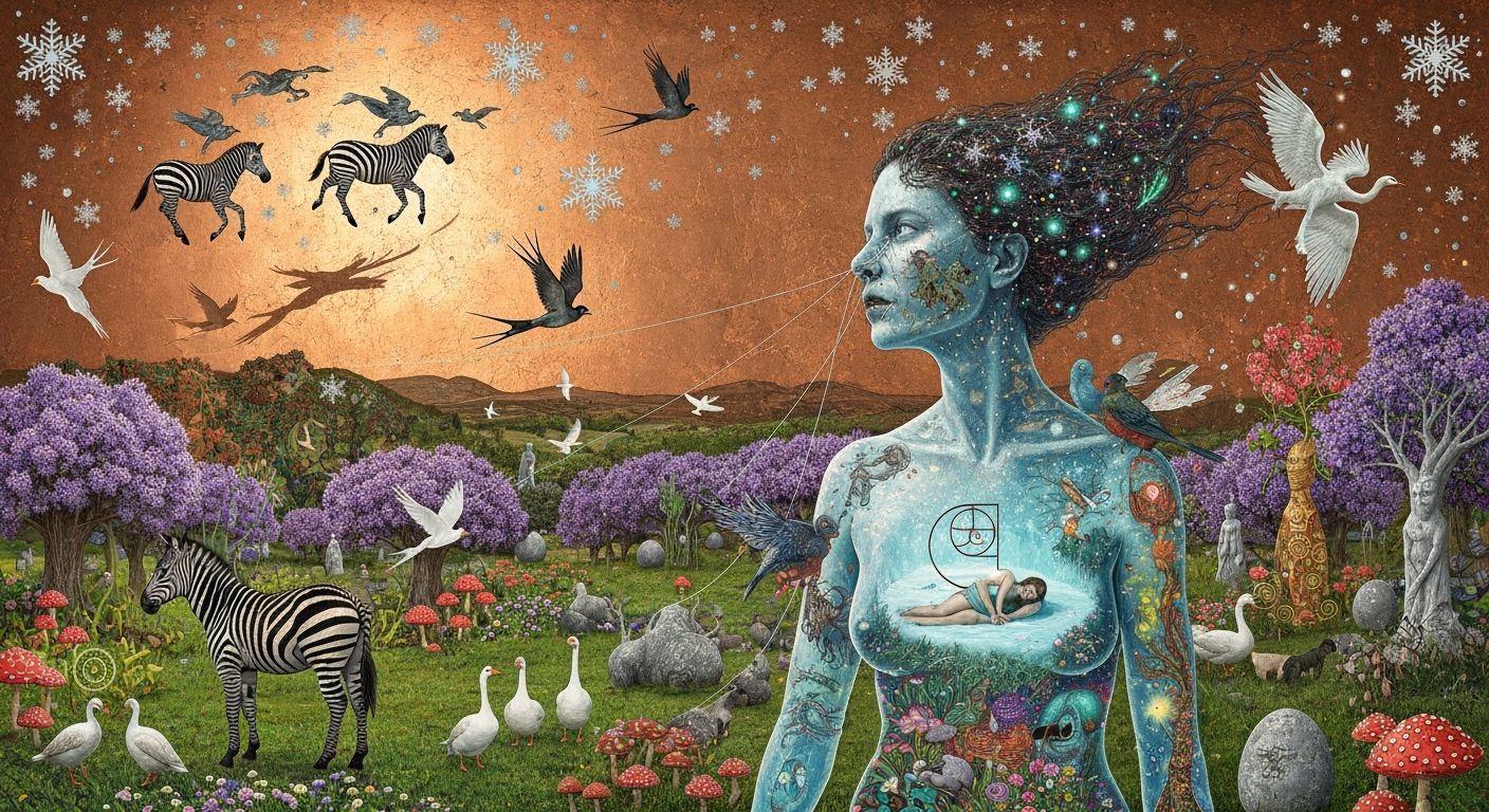 Mystical Shaman Woman in Bioluminescent Oasis, Copper Sky