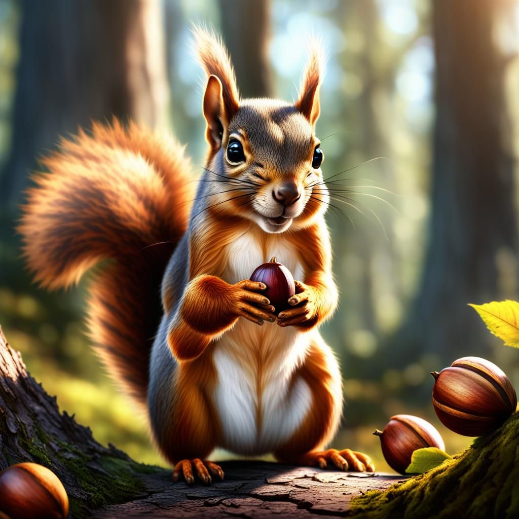 Adorable Squirrel Portrait in Forest, Detailed Matte Paintin...