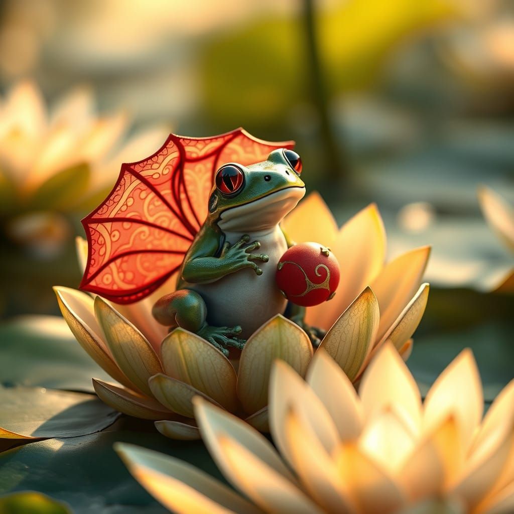 Whimsical Frog on Water Lily Throne in Art Nouveau Style