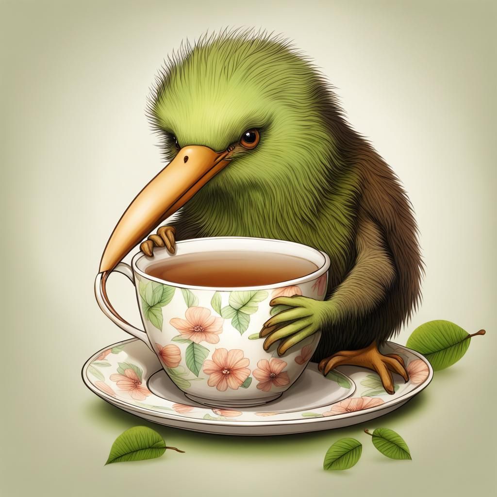Kiwi Bird Enjoys a Cup of Tea