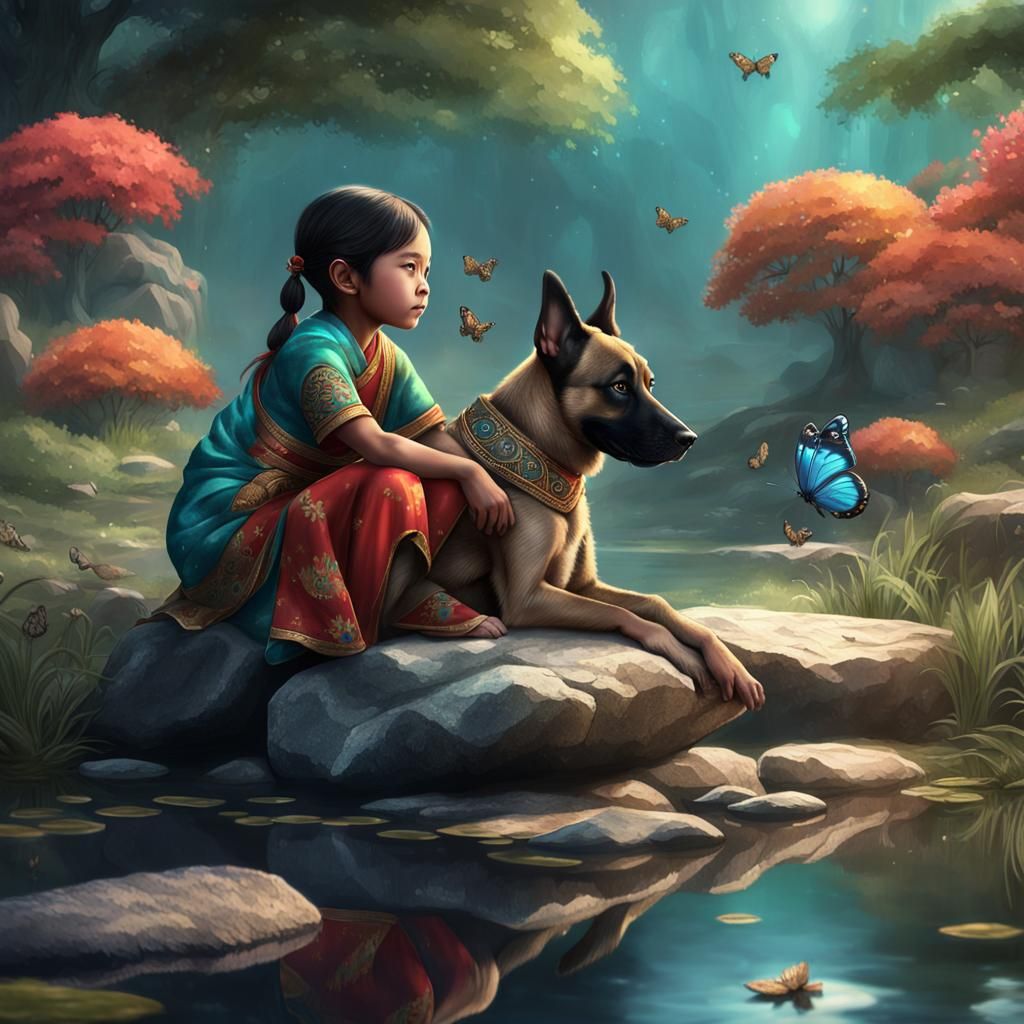 Girl and Dog by Pond: Fantasy Art, 8K
