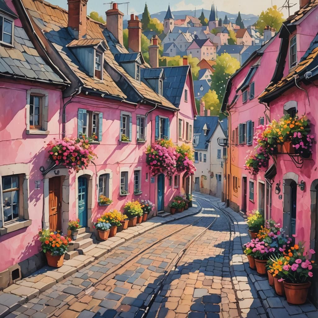 Pink Houses in Quaint Village: Gouache Watercolor