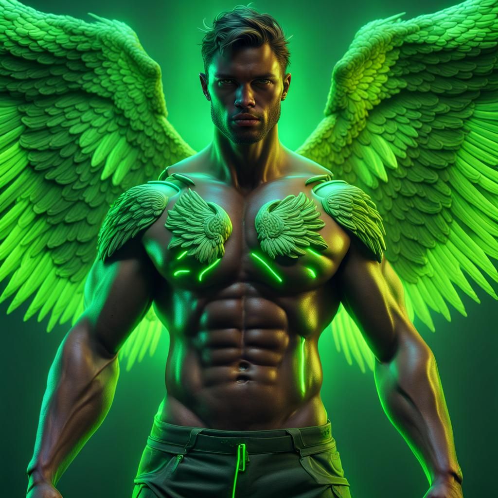 Neon Angel: Hyperrealistic Muscular Figure in Green