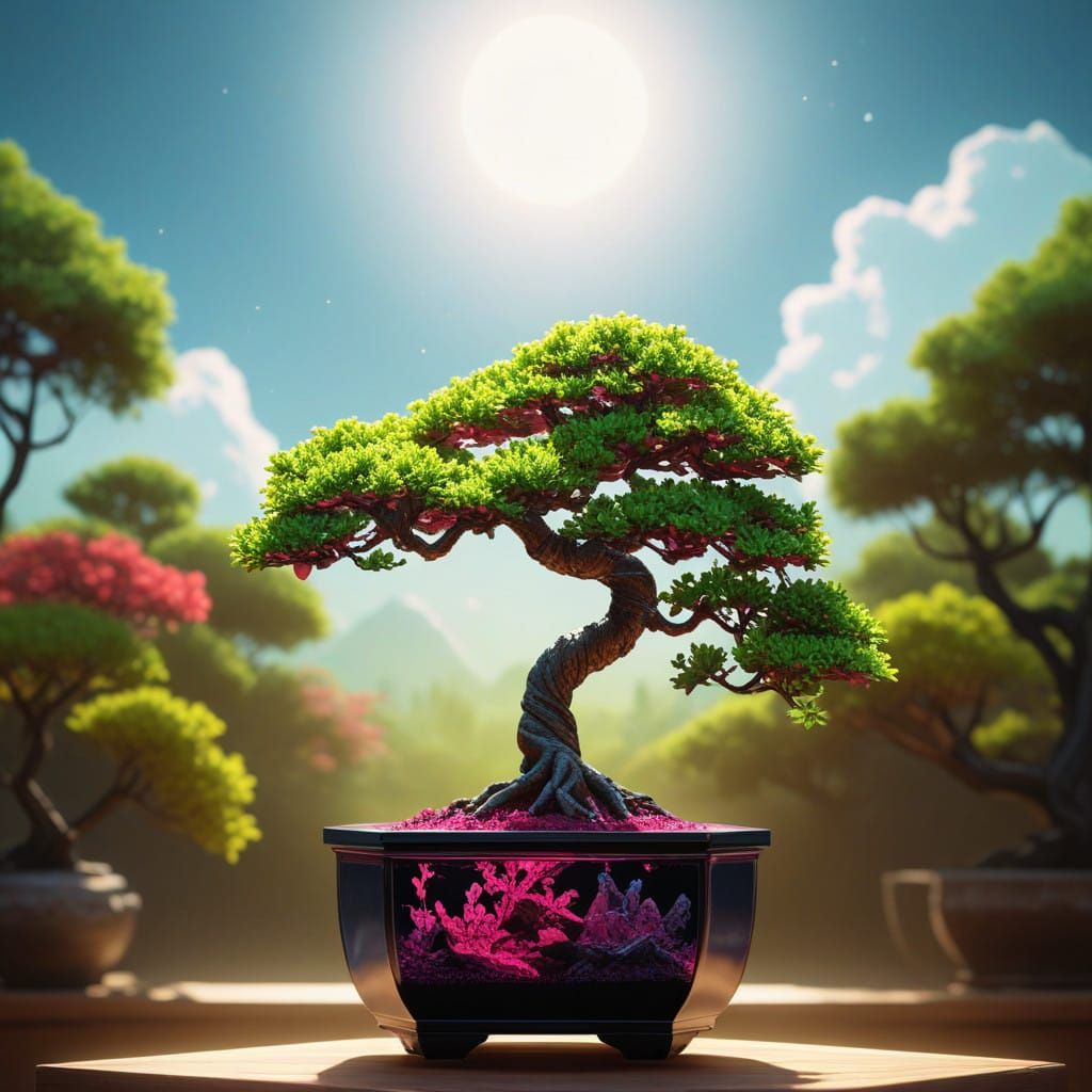 Vibrant Magenta Bonsai Tree in Neon Glass Box