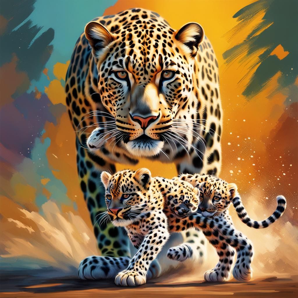 Leopard and Cub in Hyperrealistic Style