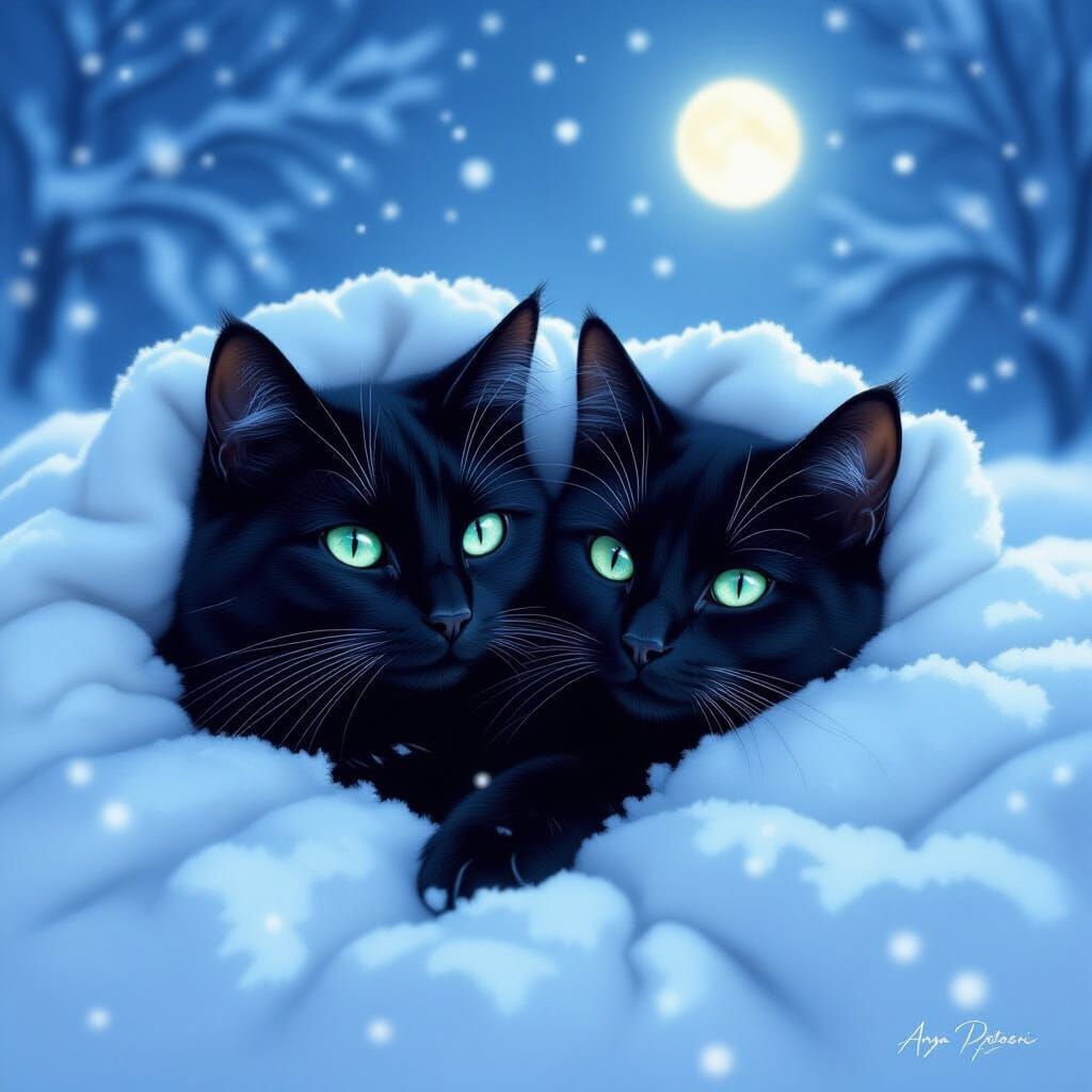 Black Cats Cuddle in Snow Under Ethereal Moon